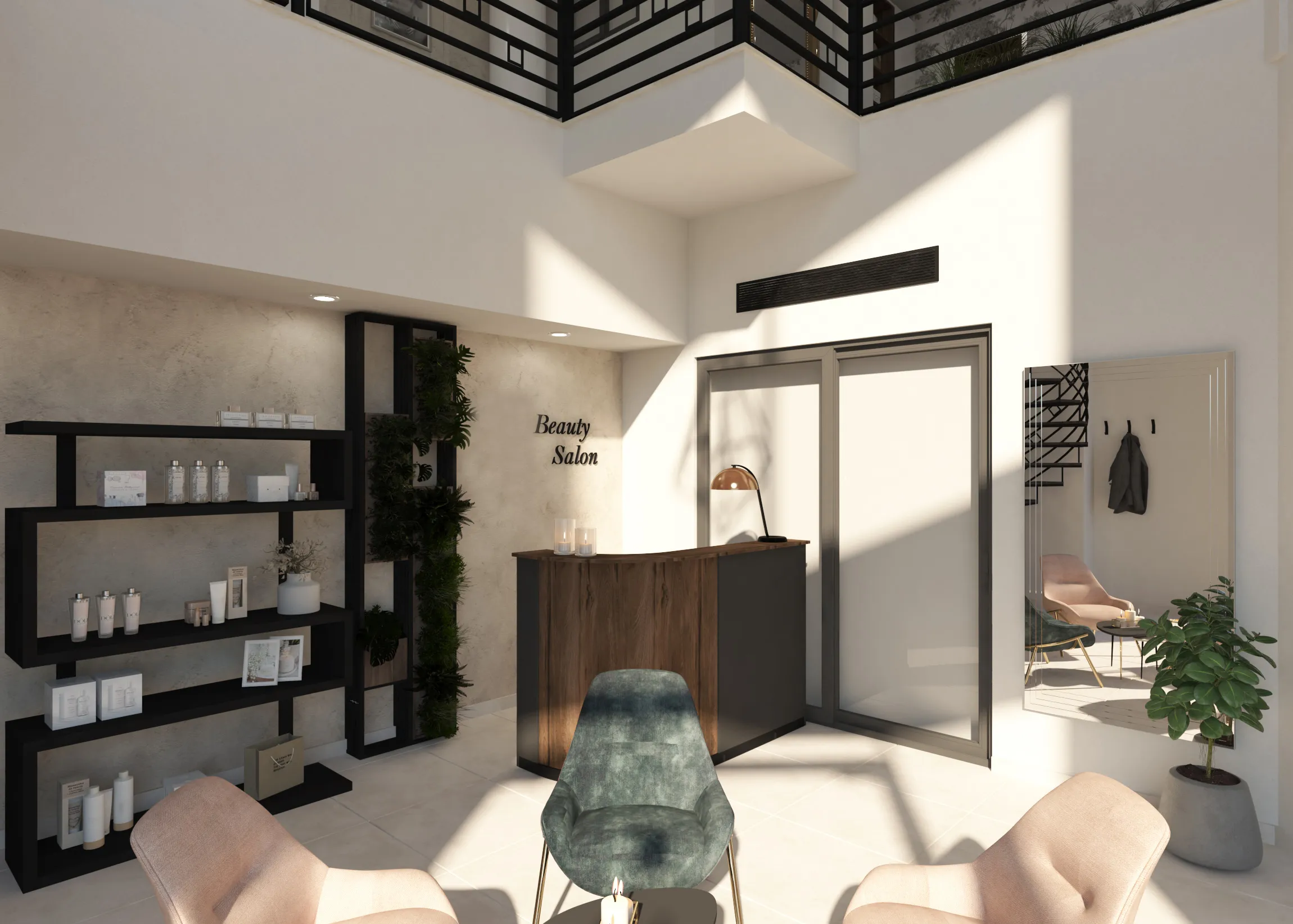 Elegant beauty and spa salon interior designed by Aces Design Studio in Gżira, Malta, featuring a luxury reception area, modern waiting lounge, bespoke shelving, natural lighting, premium finishes, and contemporary commercial interior design for salons and wellness businesses.
