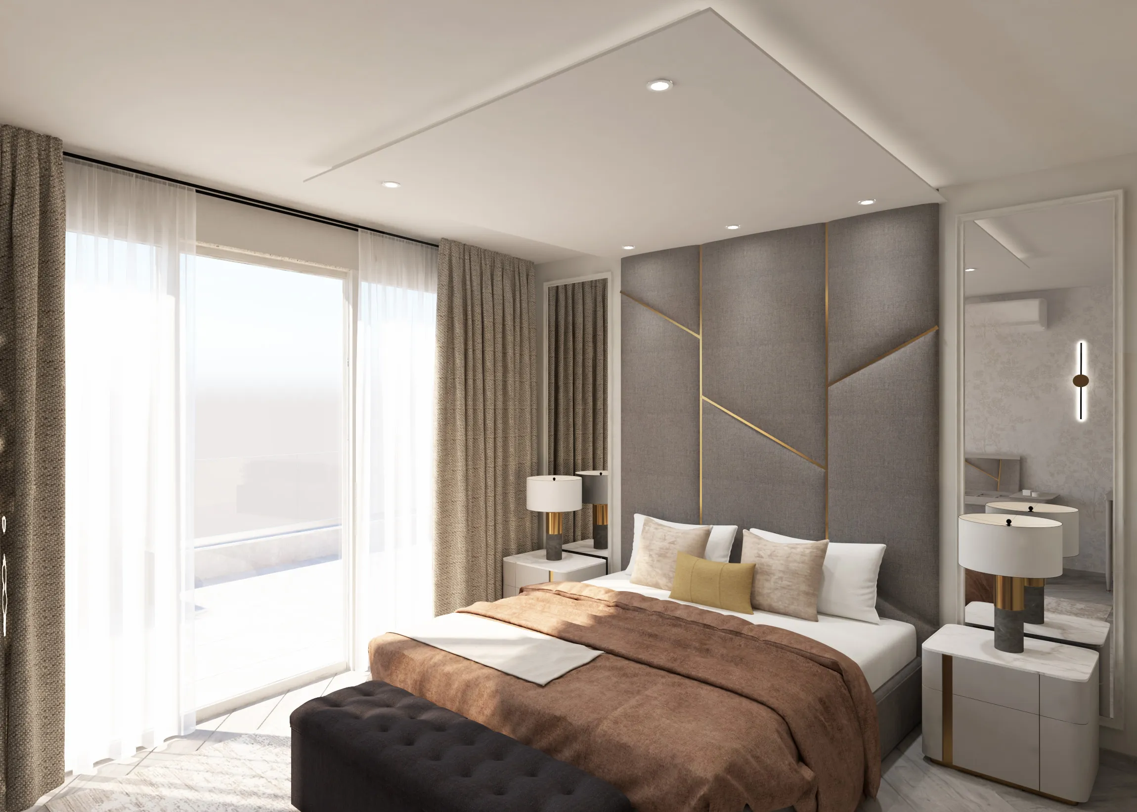 Luxury penthouse bedroom interior designed by Aces Design Studio in Gżira, Malta, featuring custom wall panels, premium furniture, elegant lighting, bespoke joinery, panoramic natural light, contemporary décor, and sophisticated residential interior design.