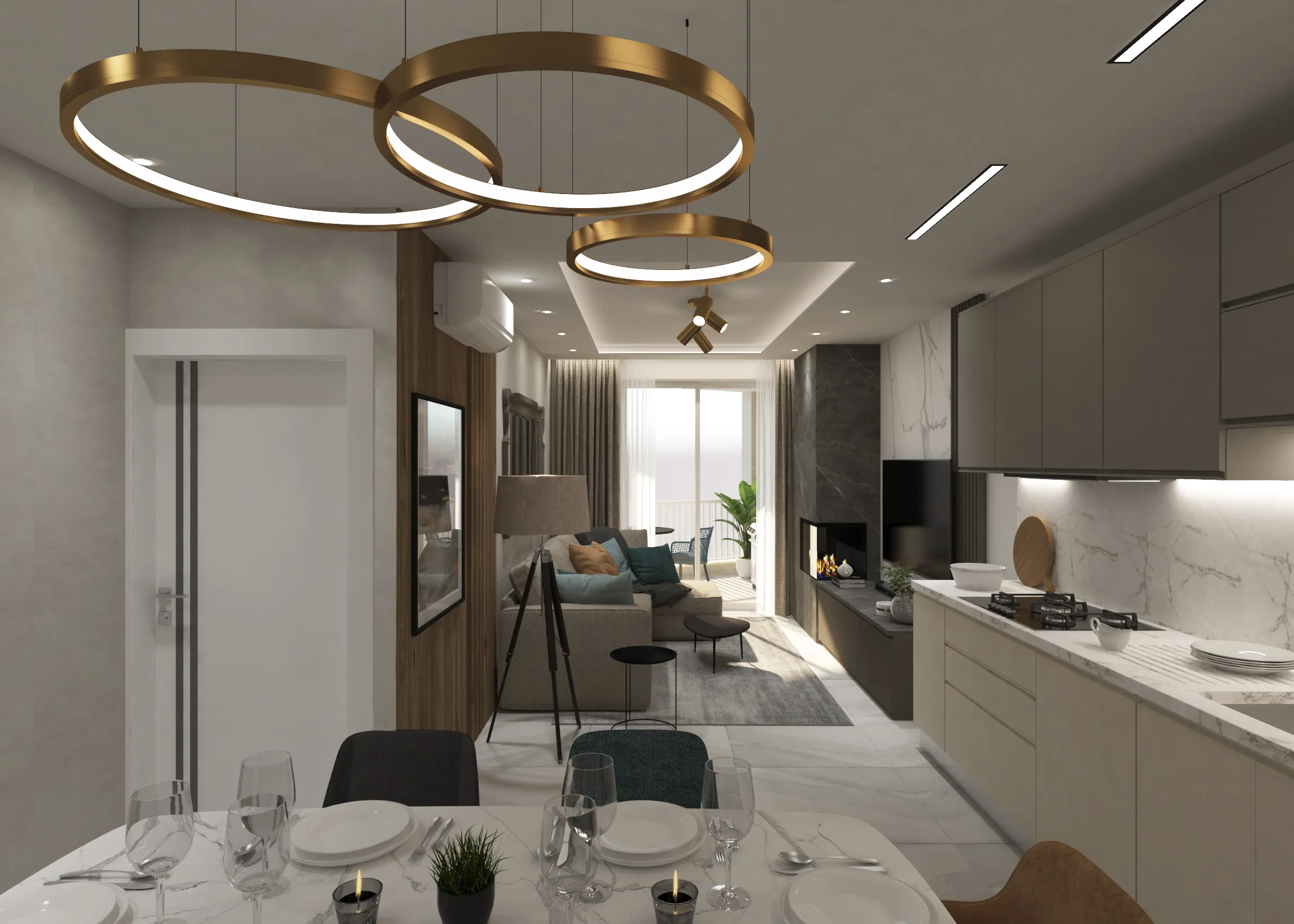 Modern studio apartment interior designed by Aces Design Studio in Gżira, Malta, featuring an open-plan kitchen, dining area, living space, contemporary lighting, bespoke cabinetry, premium finishes, and intelligent space-saving residential interior design.