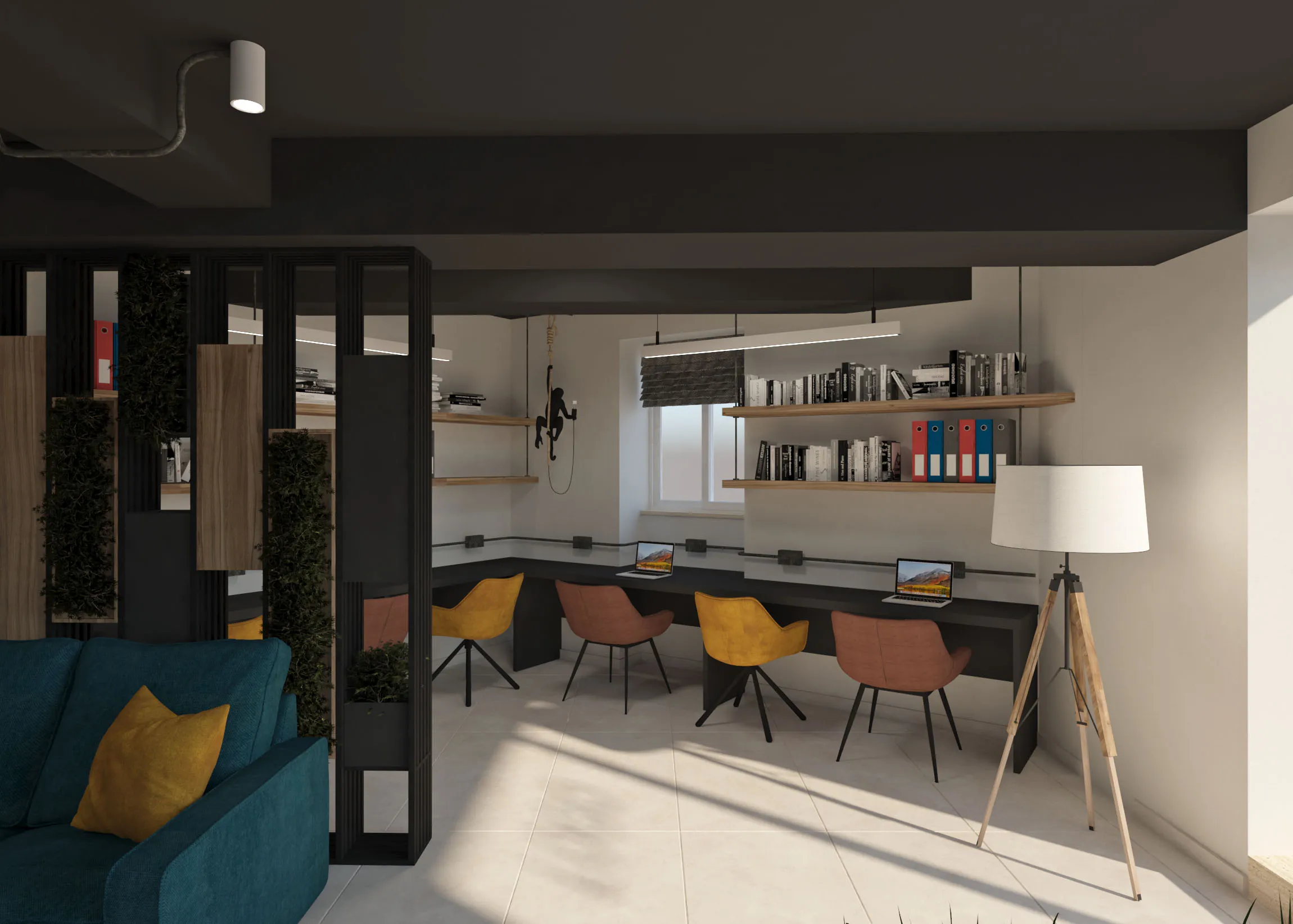 Contemporary open-plan office interior designed by Aces Design Studio in Gżira, Malta, featuring ergonomic workstations, custom office furniture, modern shelving, ambient lighting, collaborative workspace planning, premium finishes, and functional commercial interior design for businesses.