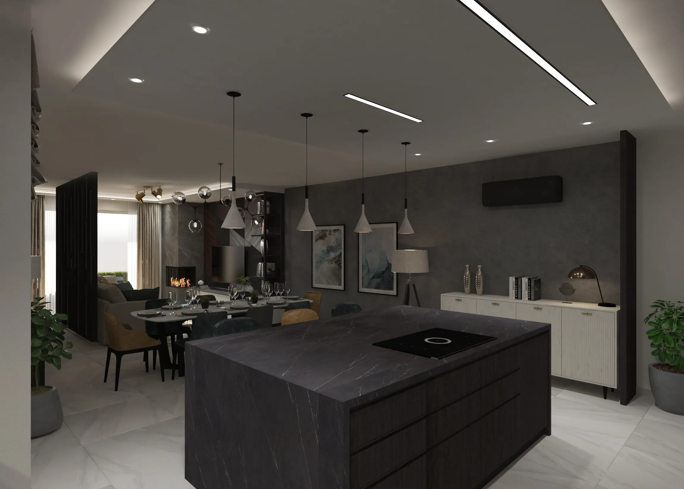 Modern maisonette interior designed by Aces Design Studio in Gżira, Malta, featuring an open-plan kitchen, dining and living area, luxury kitchen island, contemporary pendant lighting, bespoke cabinetry, premium marble surfaces, and elegant residential interior design.