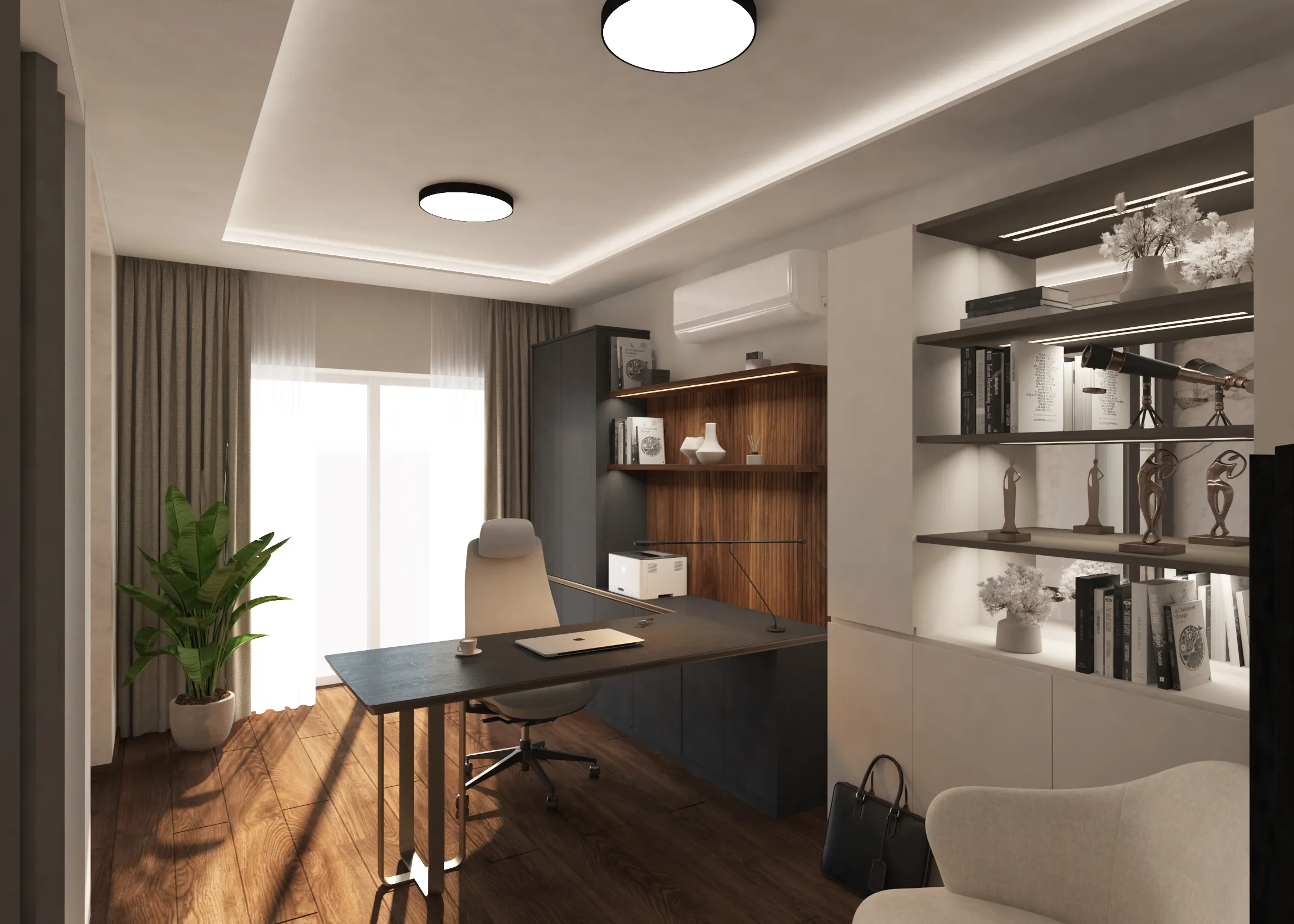 Luxury master bedroom and hallway interior designed by Aces Design Studio in Gżira, Malta, featuring bespoke cabinetry, modern workspace, elegant shelving, warm ambient lighting, premium wood finishes, and sophisticated residential interior design.