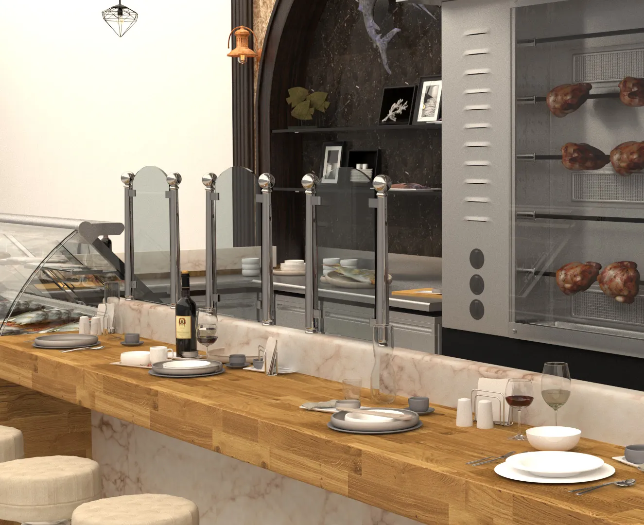 Contemporary food kiosk interior designed by Aces Design Studio in Gżira, Malta, featuring custom service counters, premium wood finishes, modern display units, commercial lighting, functional workspace planning, and stylish hospitality interior design.