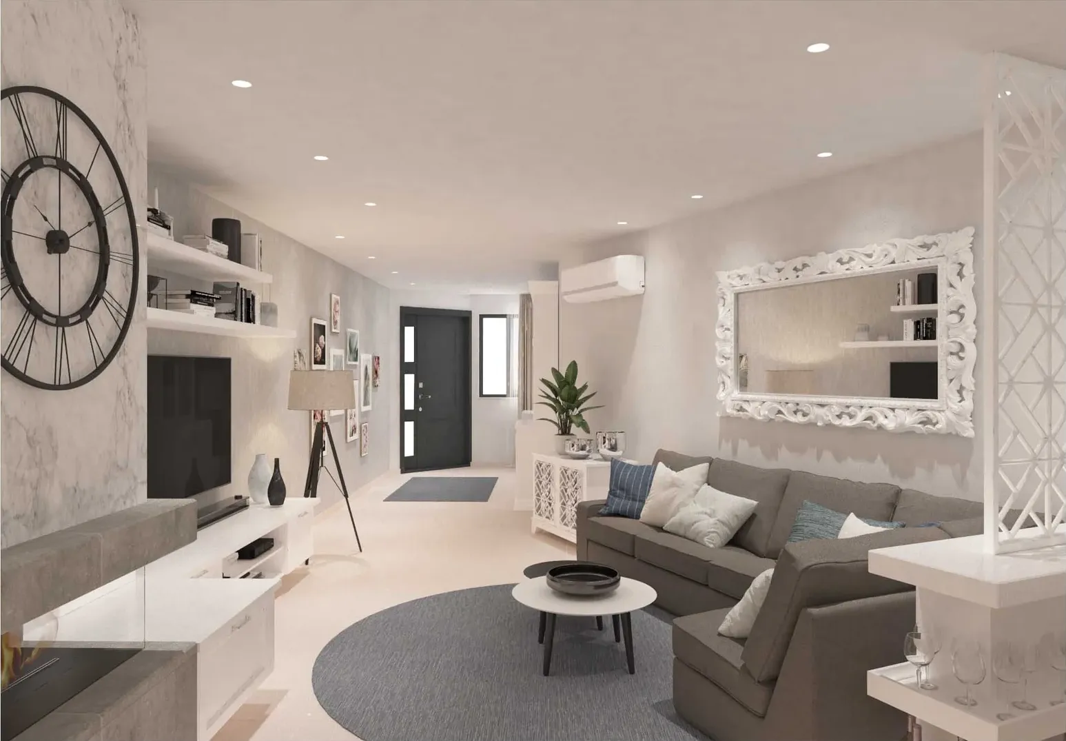 interior design malta Elegant apartment interior designed by Aces Design Studio in Gżira, Malta, showcasing a bright contemporary living room with custom furniture, decorative wall mirror, premium lighting, modern shelving, comfortable seating, and bespoke residential interior design.