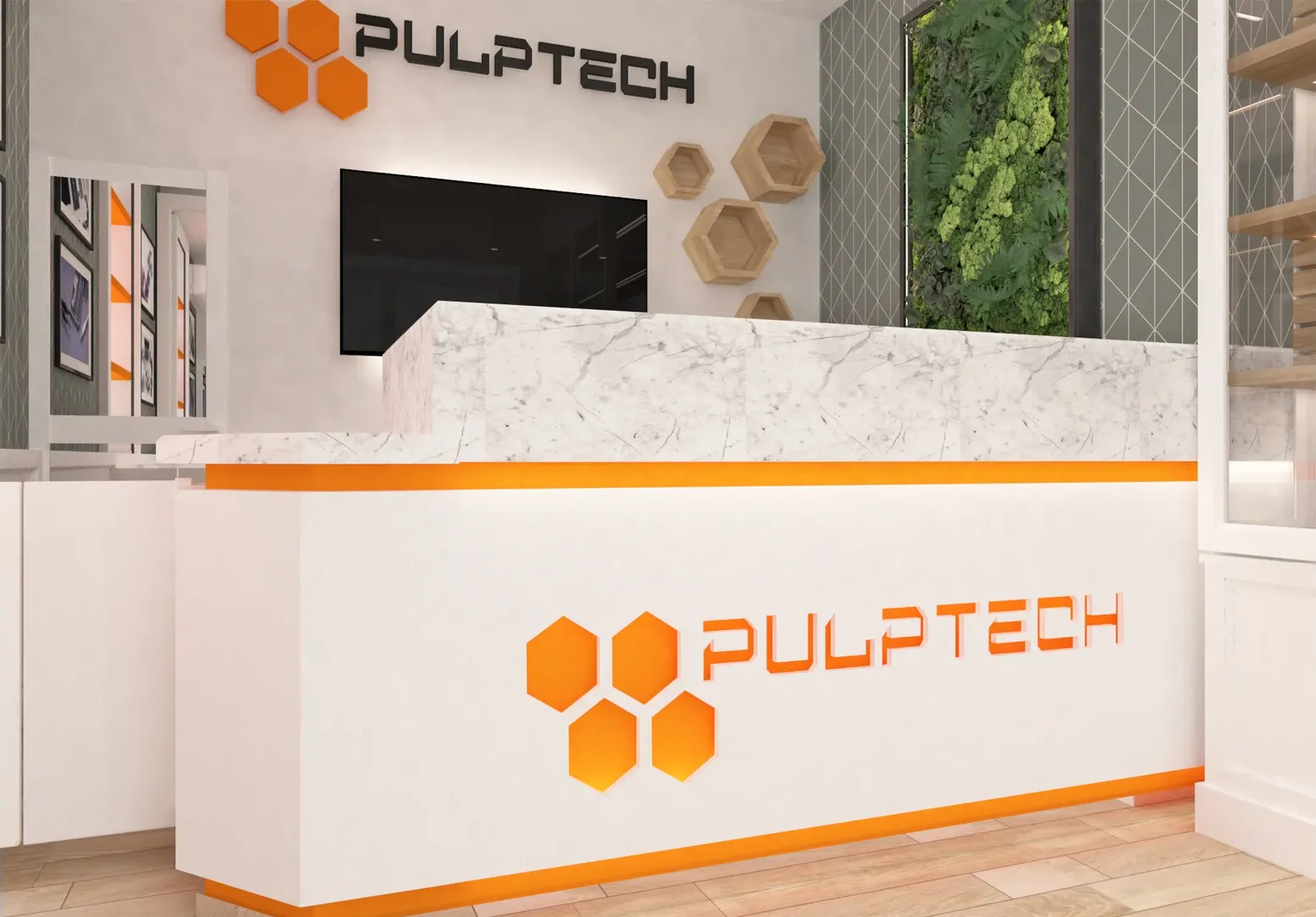 Modern mobile repair shop interior designed by Aces Design Studio in Gżira, Malta, featuring a custom reception counter, illuminated brand signage, premium marble finishes, vertical green wall, bespoke display elements, and contemporary retail interior design for customer-focused service businesses. interior design malta
