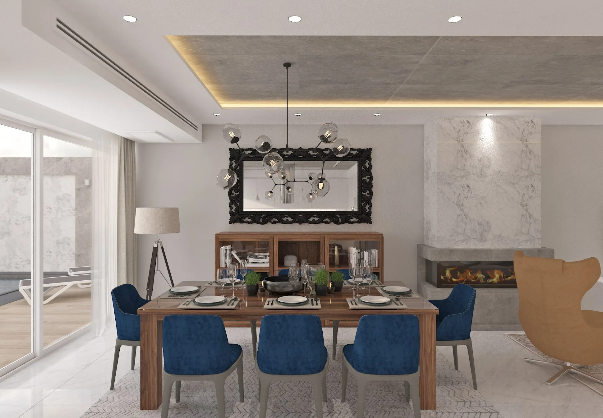 Elegant luxury villa dining room designed by Aces Design Studio in Gżira, Malta, featuring premium wooden dining furniture, designer chandelier, marble feature walls, custom cabinetry, decorative mirror, ambient lighting, and sophisticated residential interior design.