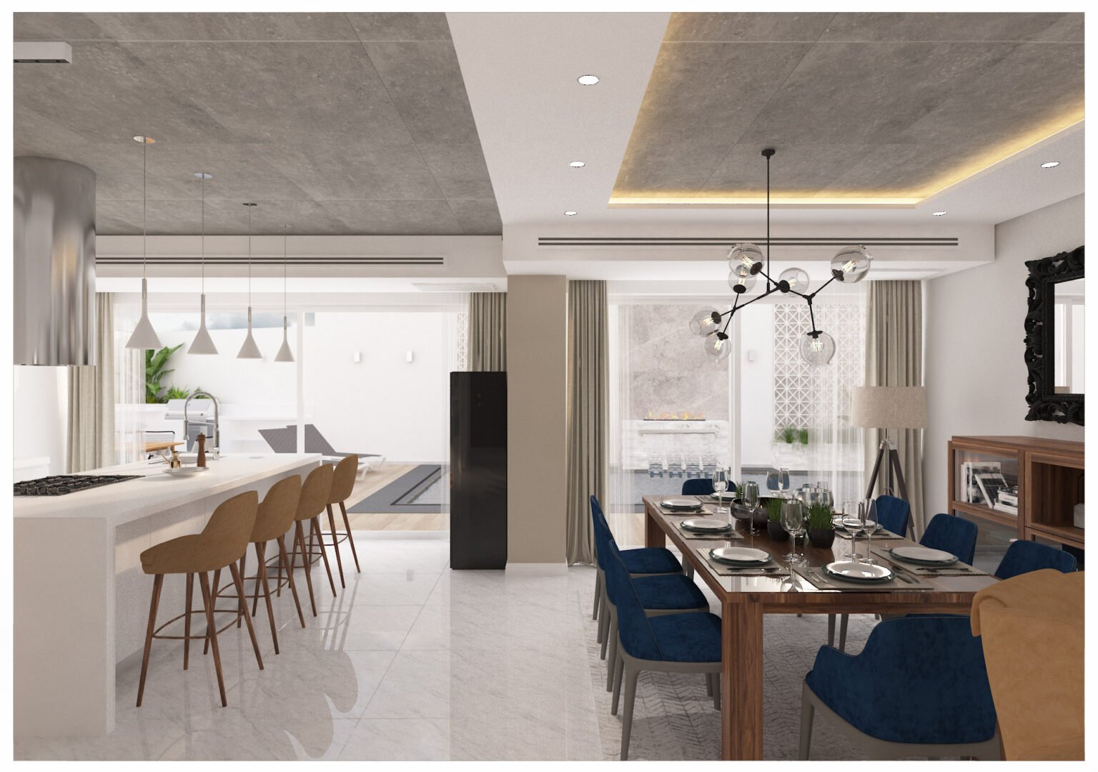 Open plan kitchen and dining interior design by Aces Design Studio, Malta