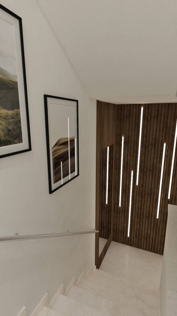 Modern staircase interior with wooden feature wall and vertical LED lighting in Malta by Aces Design Studio