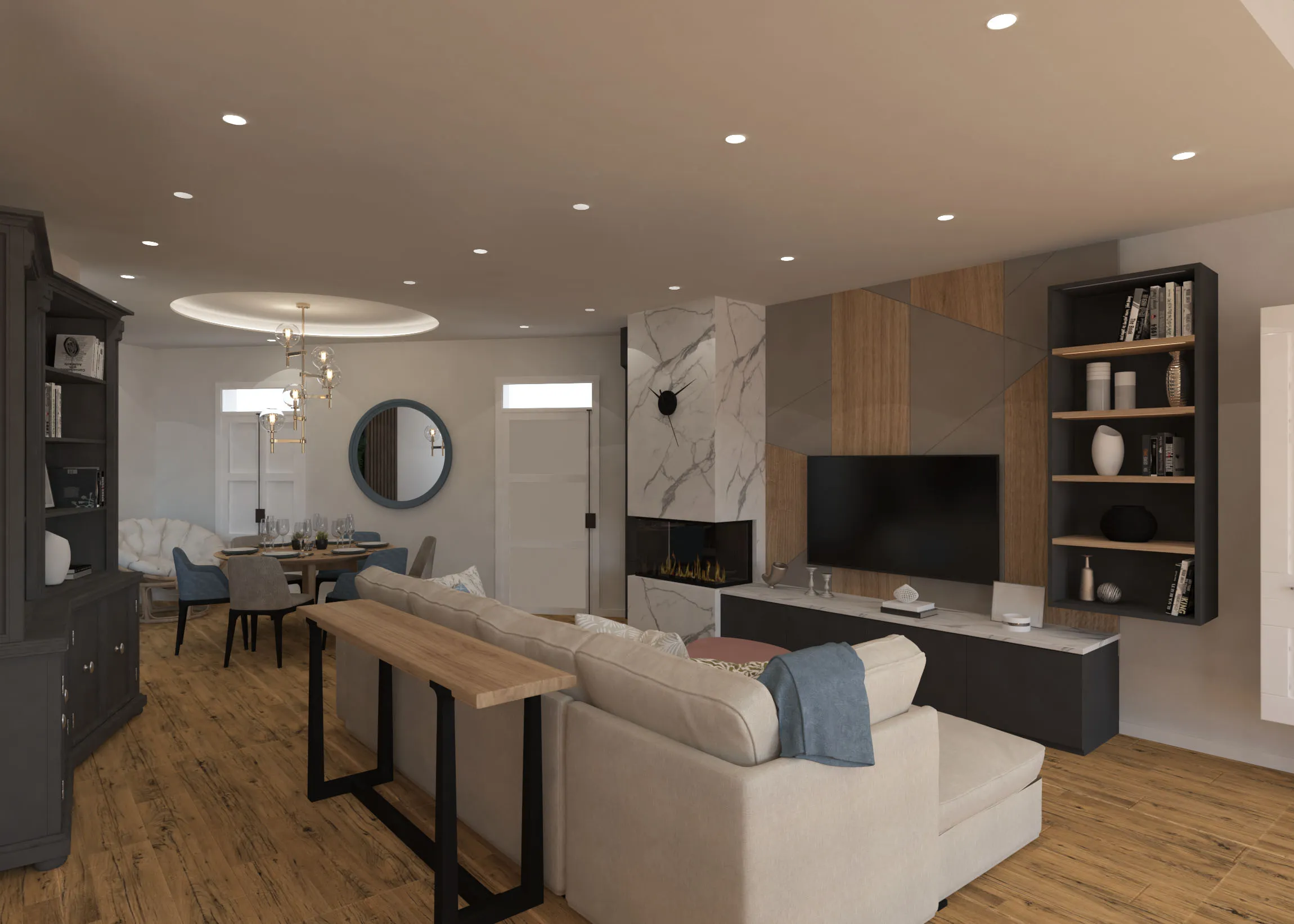 Modern open-plan living room designed by Aces Design Studio in Gżira, Malta, featuring a spacious lounge, contemporary fireplace, custom TV wall, luxury kitchen, dining area, premium wood flooring, elegant lighting, and bespoke residential interior design.