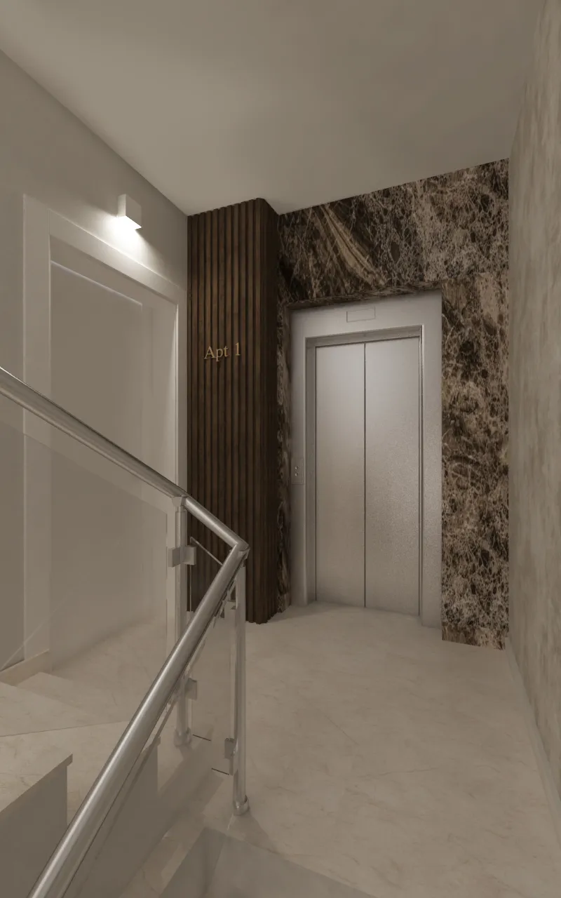Modern residential common area designed by Aces Design Studio in Gżira, Malta, featuring a luxury elevator lobby, premium marble wall cladding, decorative wooden slat panels, elegant lighting, contemporary staircase, and sophisticated apartment building interior design.