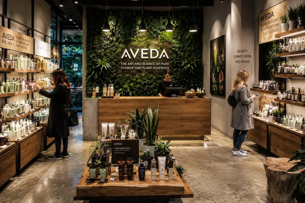 Luxury eco-friendly beauty retail store interior with green living wall, wooden shelving, premium skincare product displays, warm pendant lighting, and modern biophilic retail design by Aces Design Studio