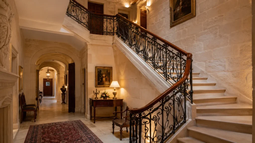 Grand traditional staircase interior in a luxury Malta villa with ornate wrought iron railings, natural limestone walls, classic architectural arches, elegant ambient lighting, and timeless Mediterranean-inspired design