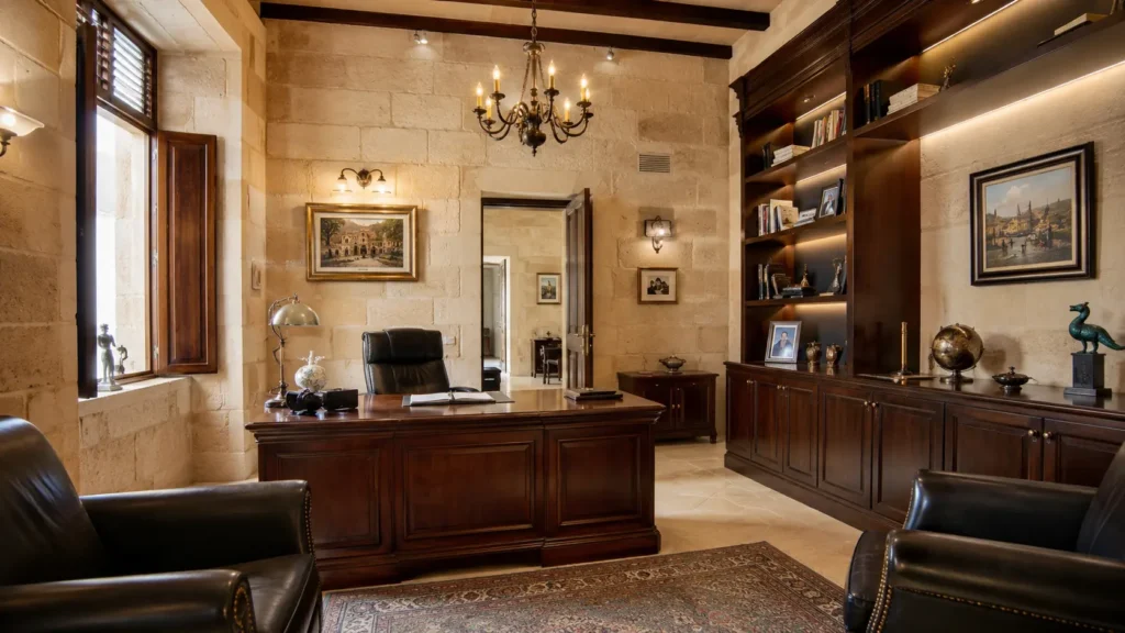 Traditional Maltese executive office interior with limestone walls, dark wooden furniture, custom shelving, warm chandelier lighting, leather chairs, and elegant classic workspace design