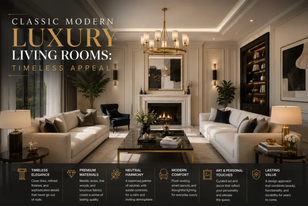 Classic modern luxury living room with sophisticated cream sofas, gold chandelier, fireplace, and elegant interior design showcasing timeless style.