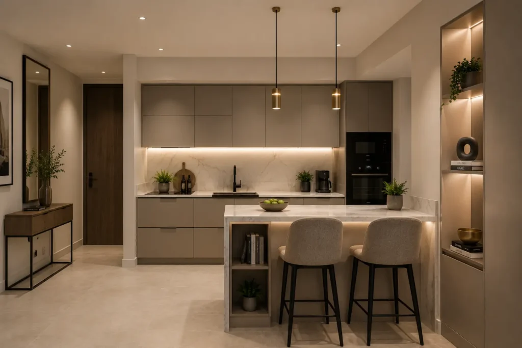 Modern compact kitchen interior with marble island in Malta by Aces Design Studio