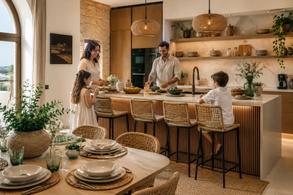 Warm contemporary family kitchen design with marble backsplash, wooden cabinetry, woven bar stools, and Mediterranean-inspired interior styling in Malta by Aces Design Studio