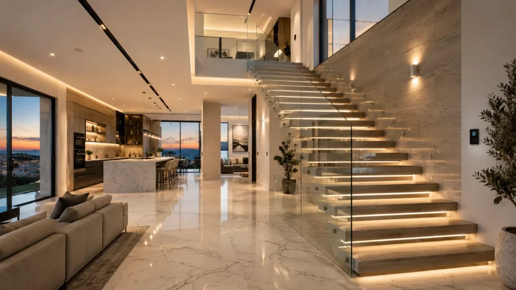 Ultra-modern luxury staircase interior in a Malta villa with floating wooden stairs, frameless glass railings, integrated LED lighting, marble flooring, open-plan contemporary living space, and panoramic sunset views