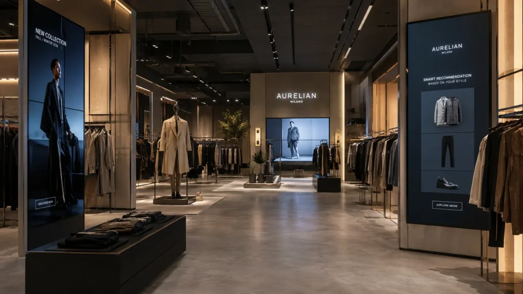 Luxury futuristic fashion retail store interior with interactive digital display screens, smart merchandising technology, minimalist lighting, premium clothing displays, and modern commercial architecture in Malta by Aces Design Studio