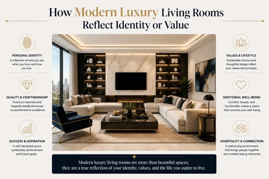 Modern luxury living room design with elegant neutral furniture, marble wall, warm lighting, and stylish decor representing identity, lifestyle, and personal values.