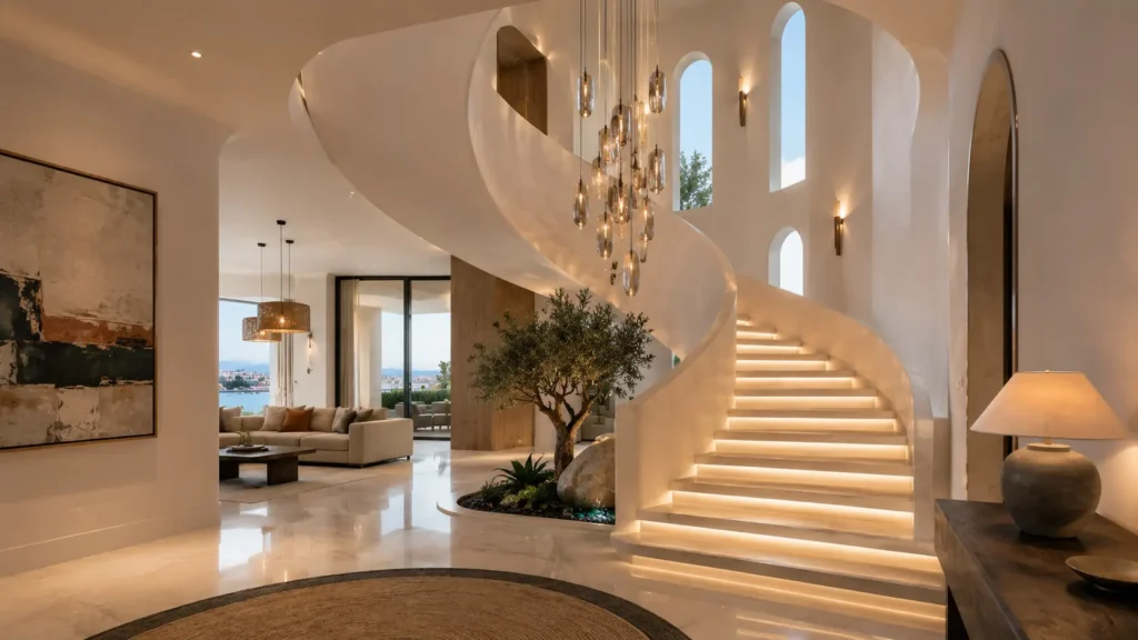Elegant curved staircase interior in a luxury Malta villa with soft LED step lighting, sculptural Mediterranean architecture, high ceilings, modern chandelier lighting, and warm minimalist interior design