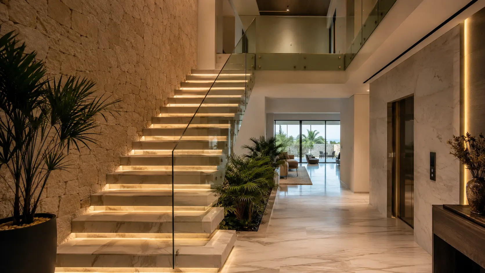 Luxury modern staircase interior in a Malta villa with floating marble stairs, frameless glass railings, warm LED step lighting, natural stone feature wall, double-height ceiling, and contemporary minimalist architecture