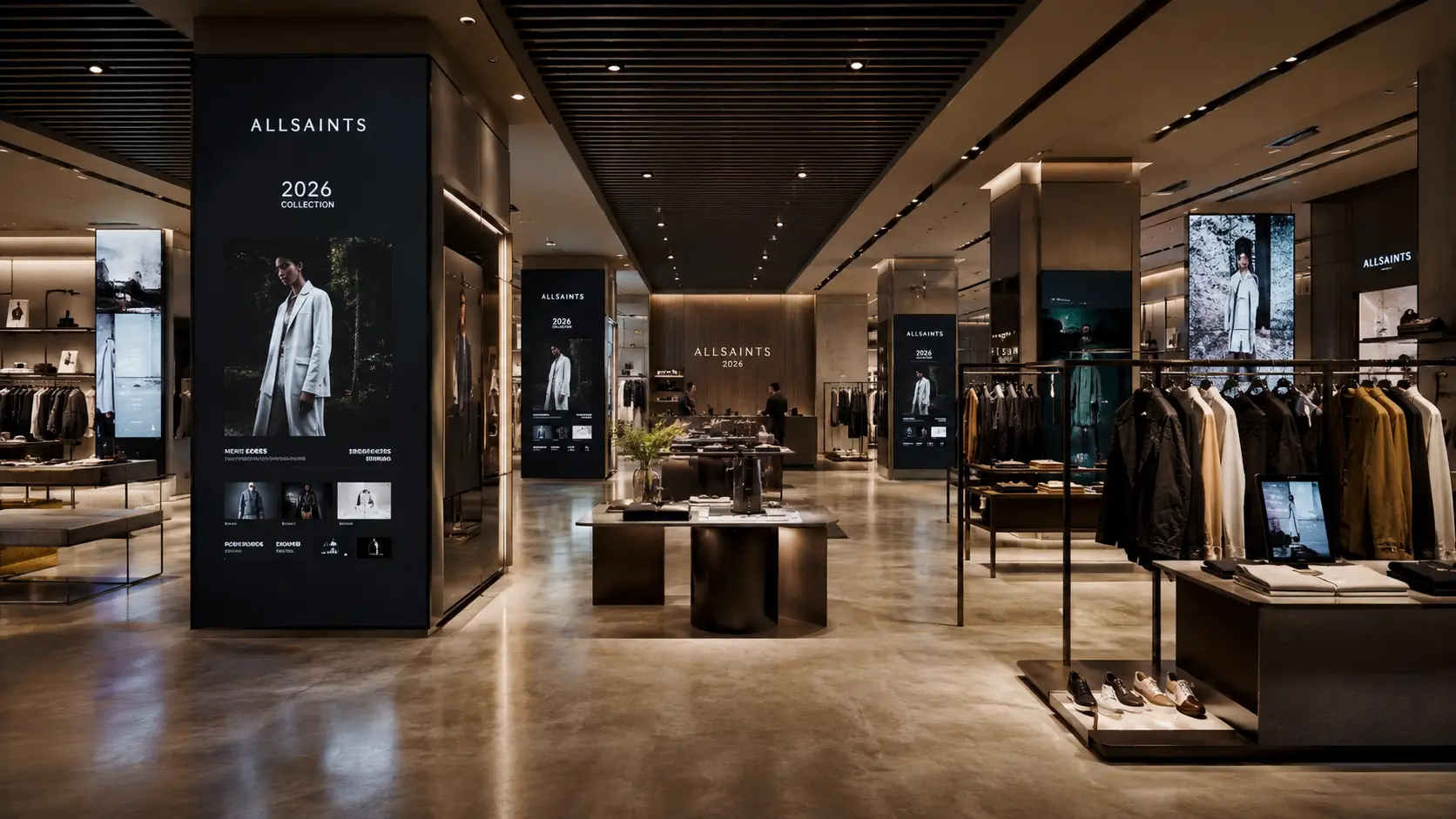 Luxury modern retail store interior design with digital product displays, premium fashion merchandising, ambient lighting, and contemporary commercial architecture in Malta by Aces Design Studio
