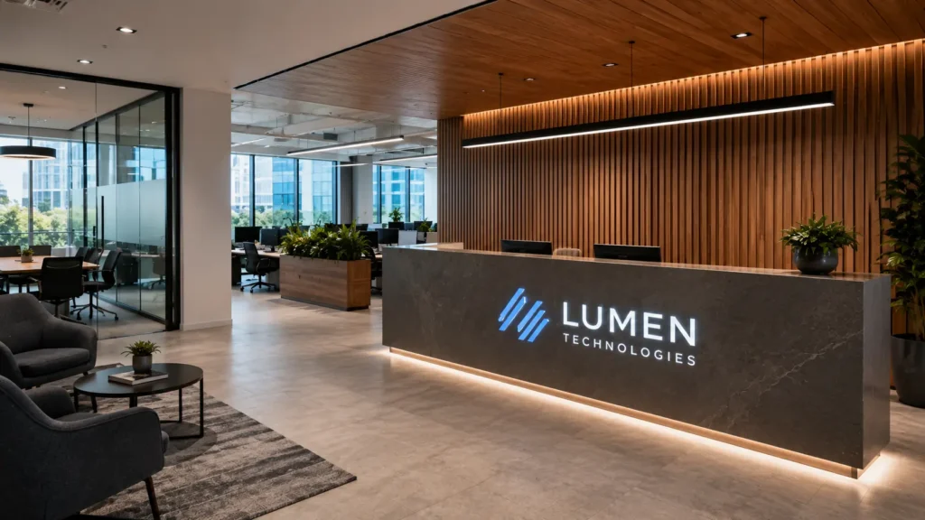 Contemporary office reception interior with illuminated stone reception desk, wooden slat feature wall, modern lounge seating, glass conference rooms, warm ambient lighting, and premium corporate workspace design