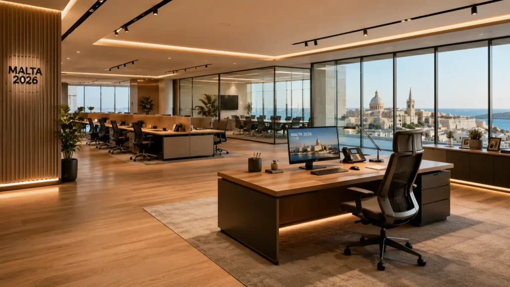 Luxury open-plan office interior in Malta with executive workspace, panoramic Valletta city views, glass conference rooms, warm LED ceiling lighting, ergonomic office chairs, and modern corporate design