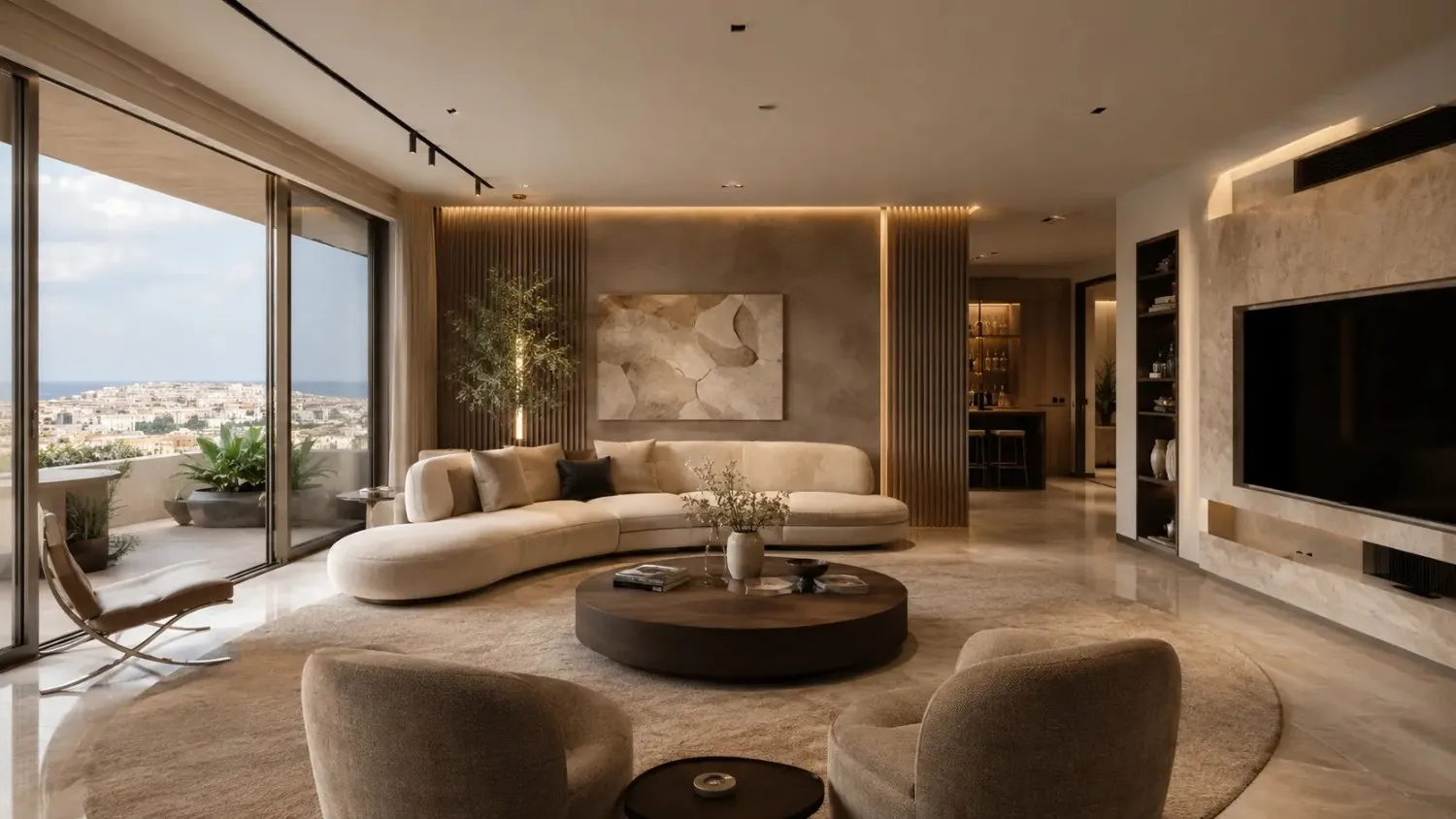 Modern luxury living room interior in Malta with curved beige sofa, warm ambient LED lighting, marble finishes, neutral earthy tones, panoramic city views, and contemporary minimalist décor by Aces Design Studio