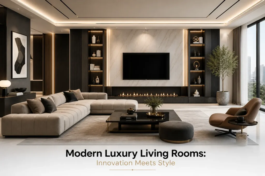 Modern luxury living room featuring minimalist furniture, ambient lighting, marble accents, and contemporary interior styling with a clean elegant layout.