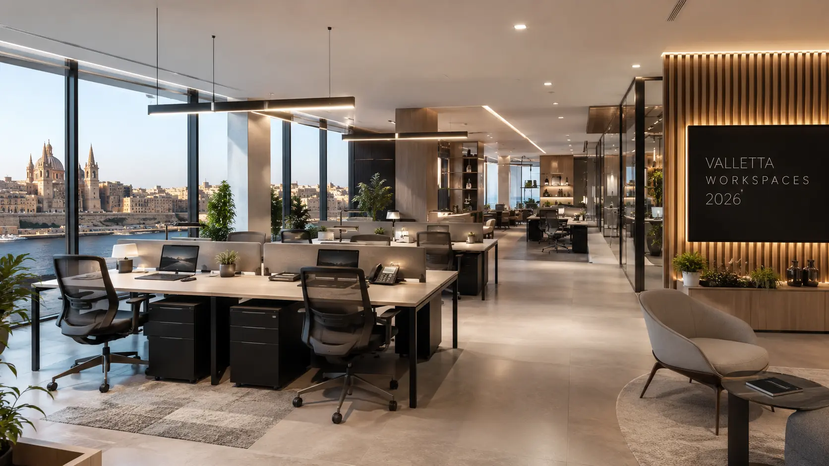 Luxury modern office interior in Malta with open workspace layout, ergonomic desks, floor-to-ceiling glass windows overlooking Valletta, warm ambient LED lighting, minimalist furniture, and contemporary corporate design