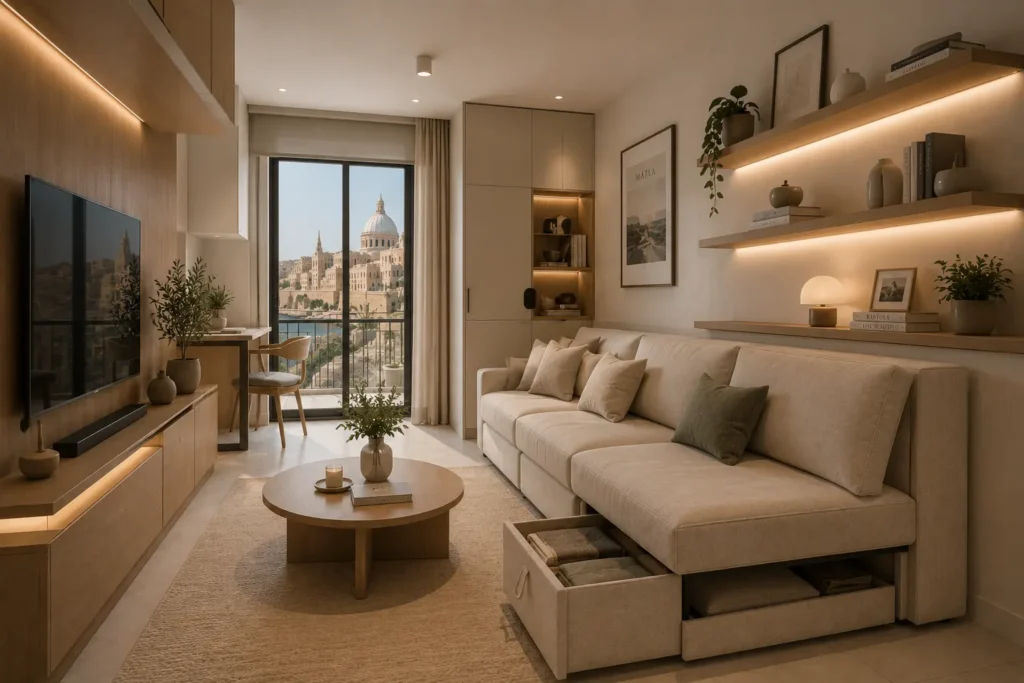 Space-saving bedroom interior with built-in storage and workspace in Malta by Aces Design Studio