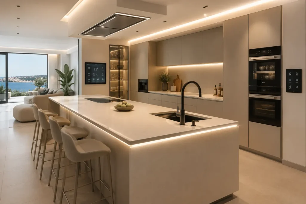 Modern smart kitchen design with quartz island countertop, matte beige cabinetry, integrated appliances, and ambient LED lighting in Malta by Aces Design Studio