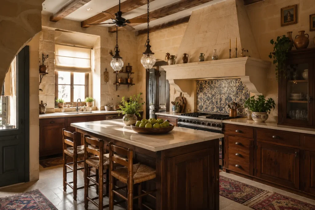 Traditional Maltese kitchen design with limestone walls, rustic wooden cabinetry, marble island countertop, and handcrafted Mediterranean details in Malta by Aces Design Studio