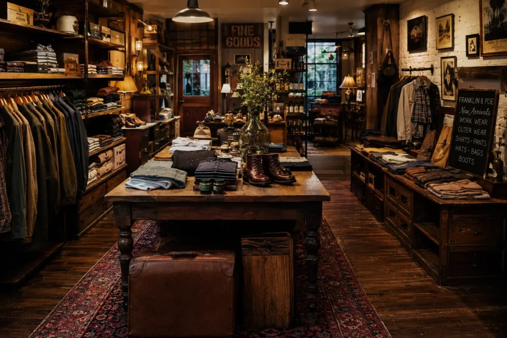 Vintage-inspired fashion retail store interior with rustic wooden shelving, handcrafted display tables, warm ambient lighting, and classic boutique merchandising design in Malta by Aces Design Studio