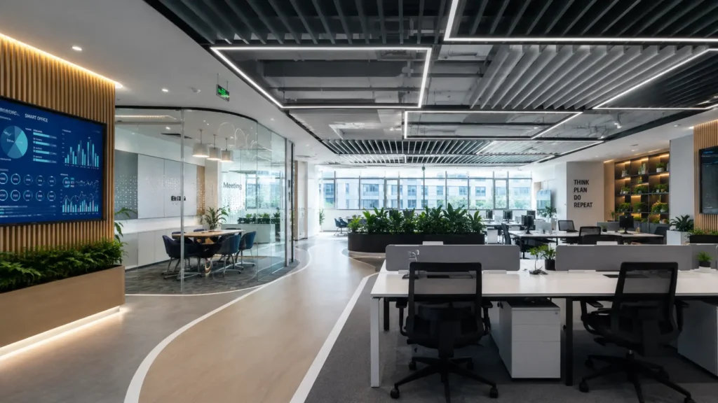 Futuristic office design in Malta with smart workspace layout, open-plan desks, LED ceiling lighting, glass meeting rooms, and modern collaborative office interior
