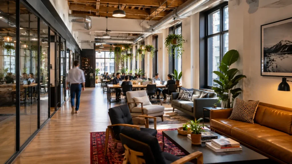 Industrial-style office design in Malta with collaborative workspace, lounge seating, hanging plants, open coworking area, and modern office interior