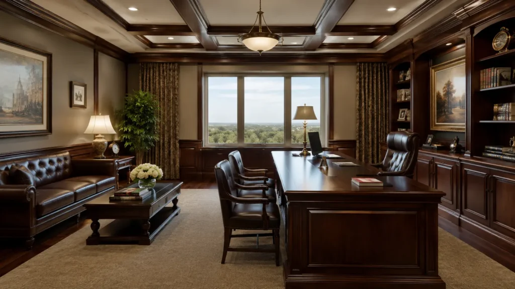 Luxury executive office design in Malta with dark wood paneling, leather seating, elegant workspace layout, and classic corporate interior décor