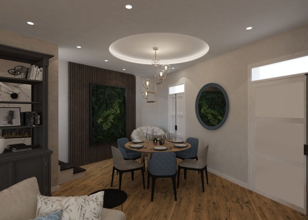 Modern dining room interior with round dining table, wooden flooring, decorative green wall panel, and contemporary pendant lighting