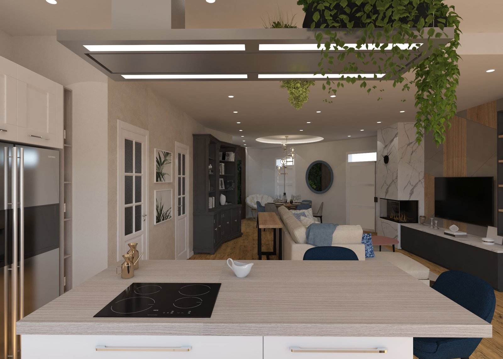 Modern open-plan kitchen and living room interior with kitchen island, hanging greenery, fireplace wall, and contemporary wooden flooring