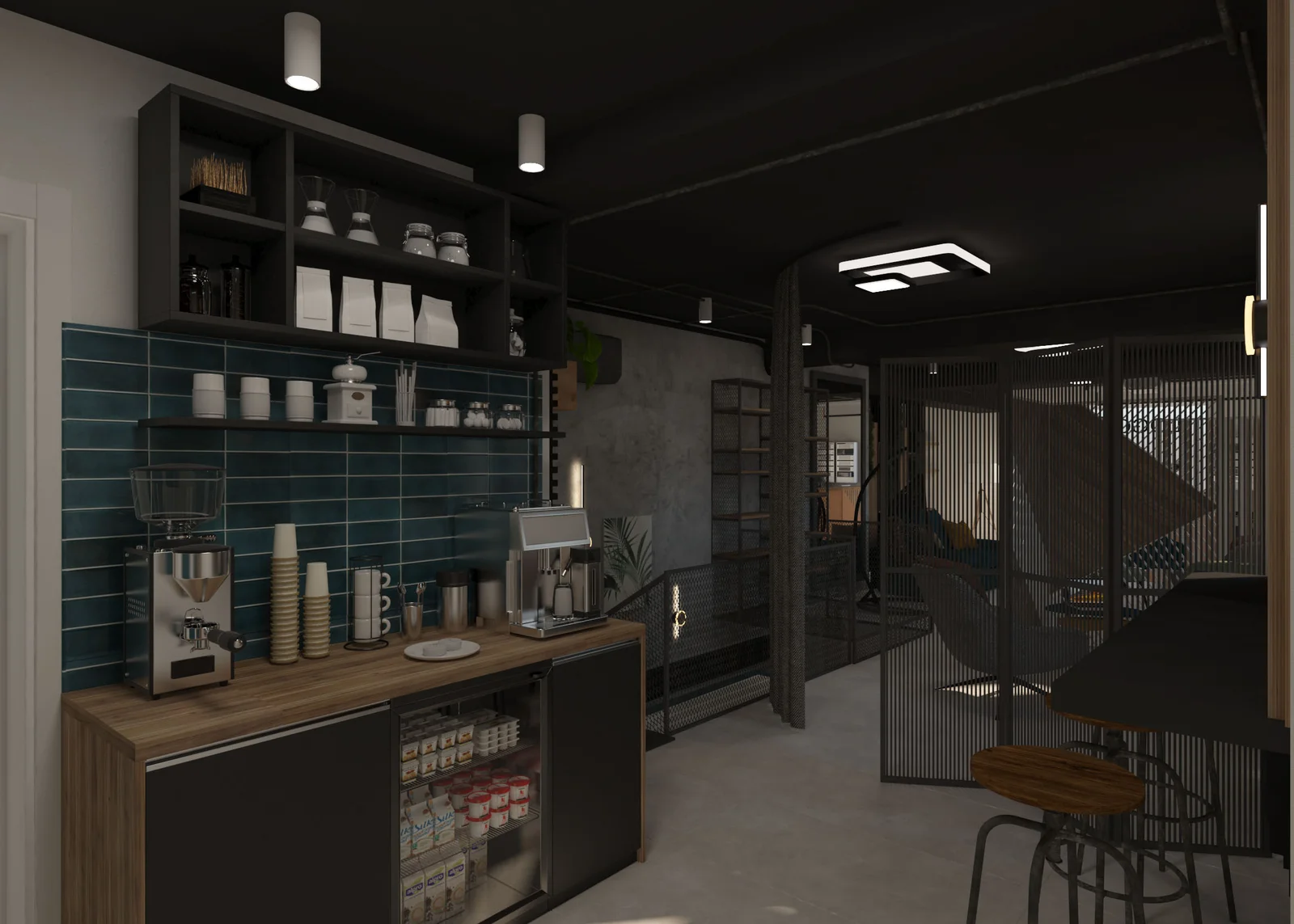 Office interior design Malta breakout space with modern coffee station and collaborative interior