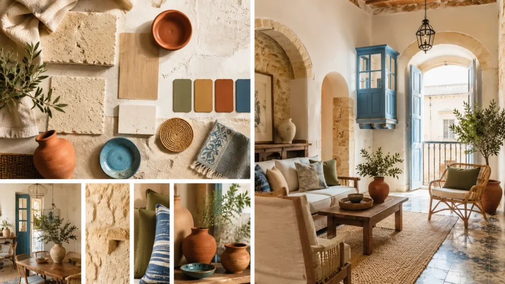 Maltese Mediterranean interior with honey limestone, terracotta, sea-blue, olive-green and natural wood accents