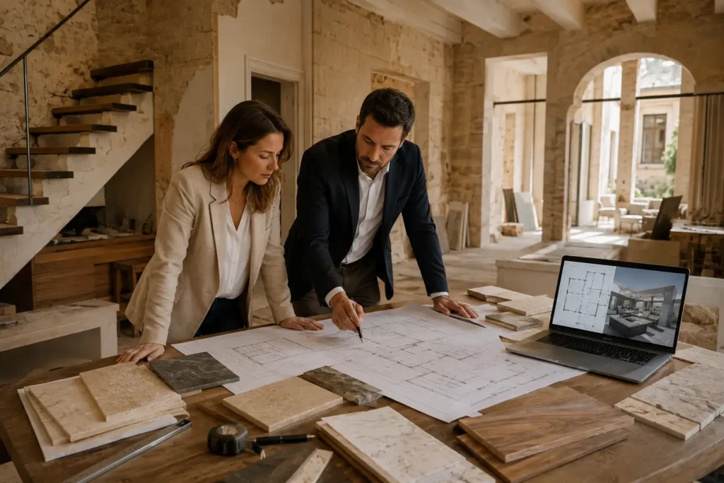 Luxury home renovation planning Malta with a Perit and interior designer reviewing architectural drawings, material samples and a townhouse design