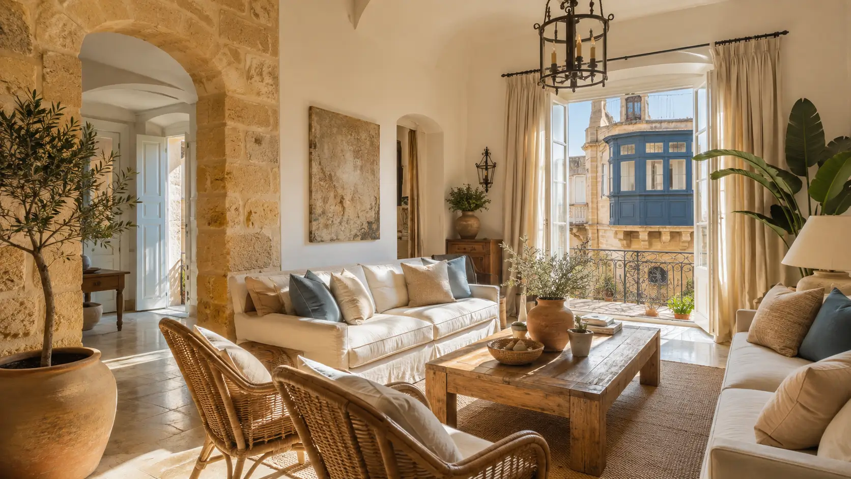 Mediterranean Interior Design , Traditional Maltese Mediterranean living room with Globigerina limestone walls and wooden gallarija balcony