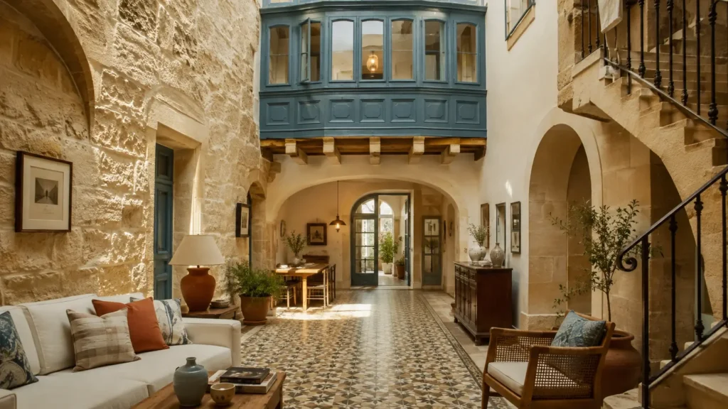 Mediterranean Interior Design Malta, Traditional Maltese townhouse interior with Globigerina limestone walls, gallarija balcony and patterned cement tiles