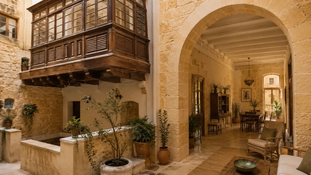 Authentic Maltese townhouse interior with wooden gallarija, honey-coloured limestone walls and traditional stone archway