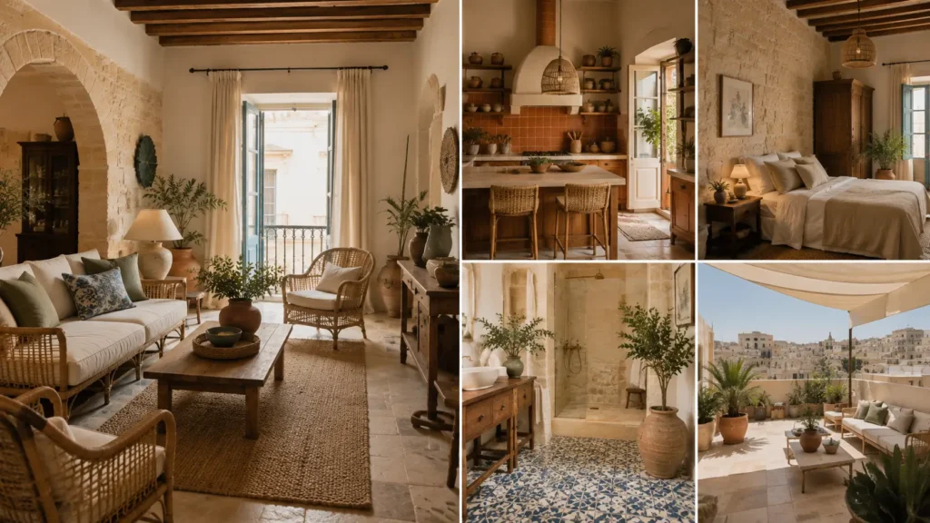 Maltese Mediterranean home featuring limestone living room, terracotta kitchen, linen bedroom, patterned tile bathroom and rooftop terrace