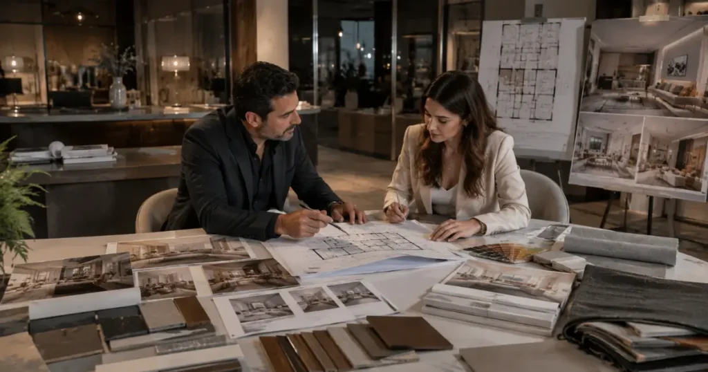 Interior Design Malta consultation between a Maltese architect (Perit) and an interior designer reviewing architectural blueprints, floor plans, premium material samples, and luxury interior design concepts in a modern design studio.