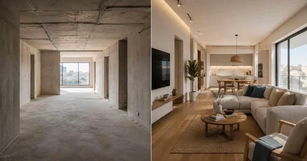 Interior Design Malta before and after comparison showing a shell-form apartment transformed into a luxury modern home with Scandinavian and Mediterranean interior design.