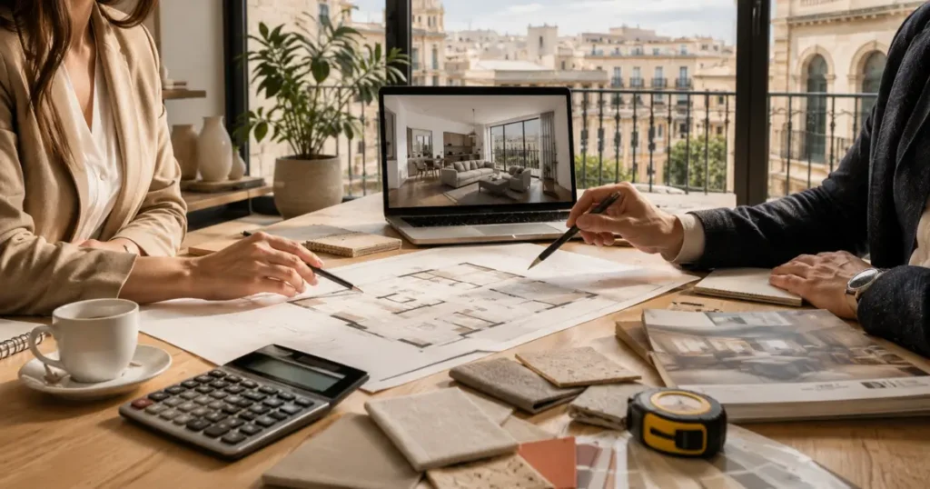 Luxury interior design consultation in Malta with an interior designer and homeowner reviewing apartment renovation plans, 3D interior render, material samples, paint swatches, floor plans, and design catalogues in a bright modern office.